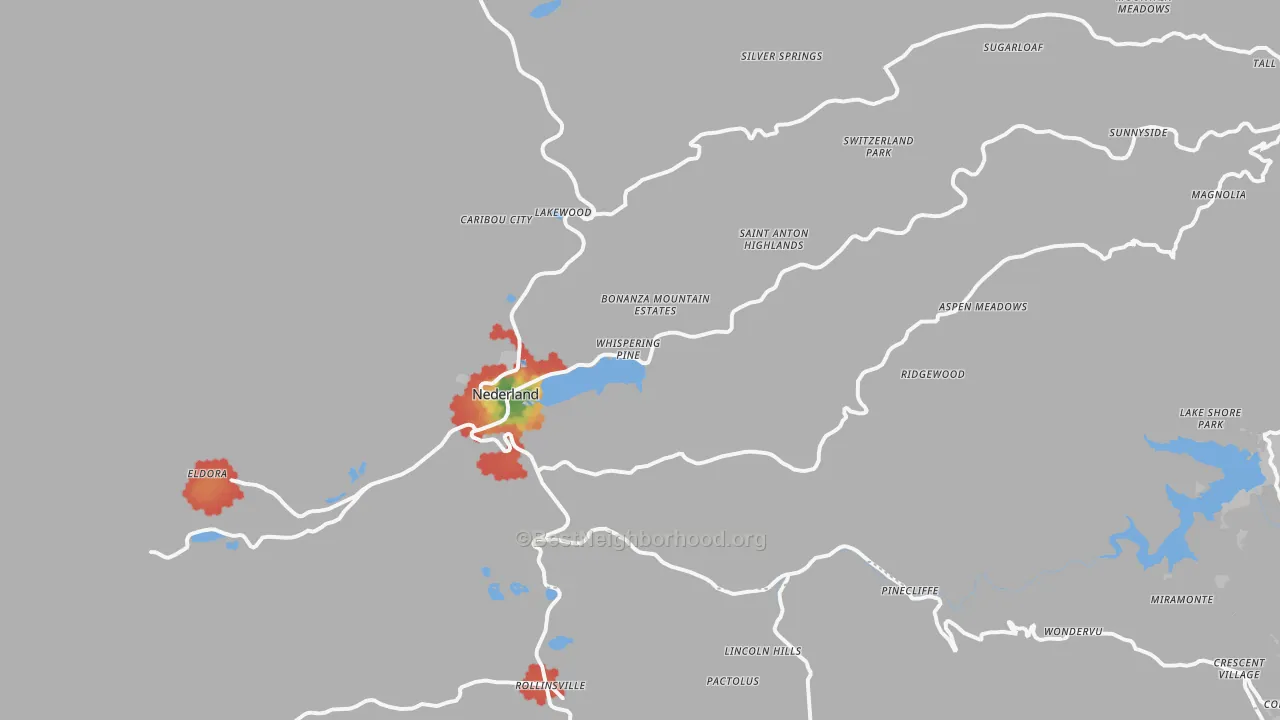 Walk Grade map of 80466, CO, walkable areas in green and car-dependent areas in red