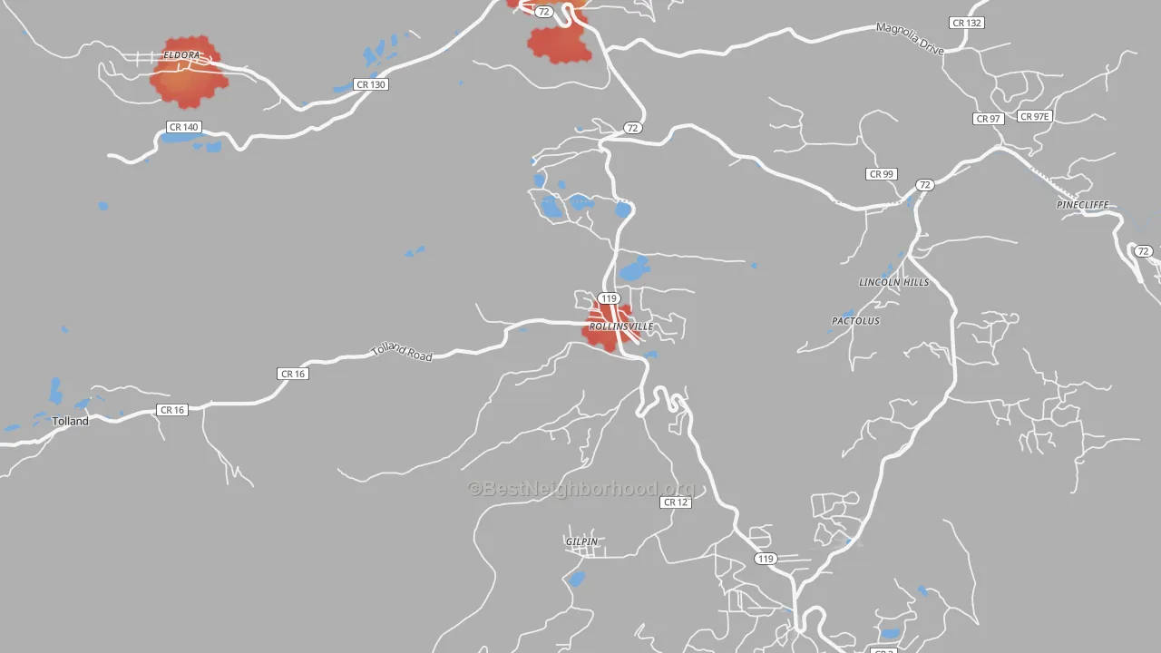 Walk Grade map of 80474, CO, walkable areas in green and car-dependent areas in red