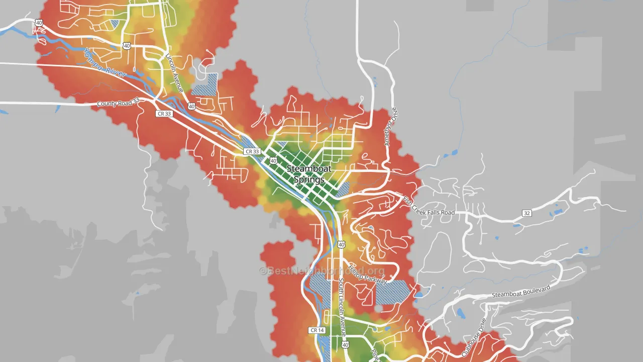 Walk Grade map of 80477, CO, walkable areas in green and car-dependent areas in red