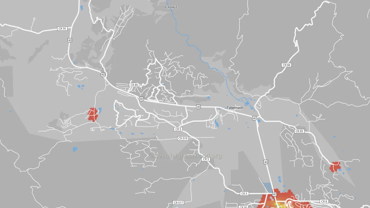 Walk Grade map of 80478, CO, walkable areas in green and car-dependent areas in red