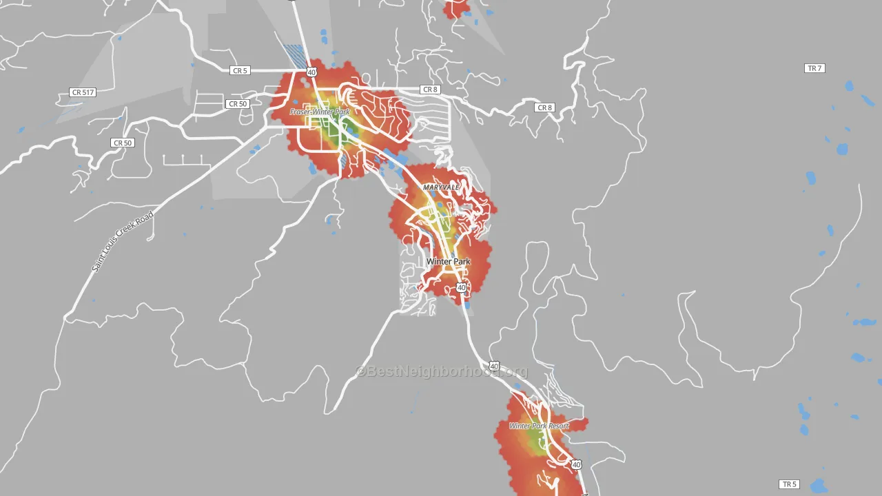 Walk Grade map of 80482, CO, walkable areas in green and car-dependent areas in red