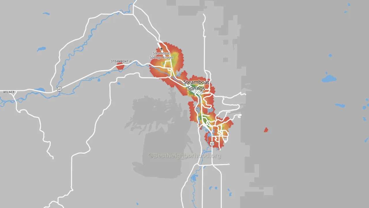 Walk Grade map of 80487, CO, walkable areas in green and car-dependent areas in red