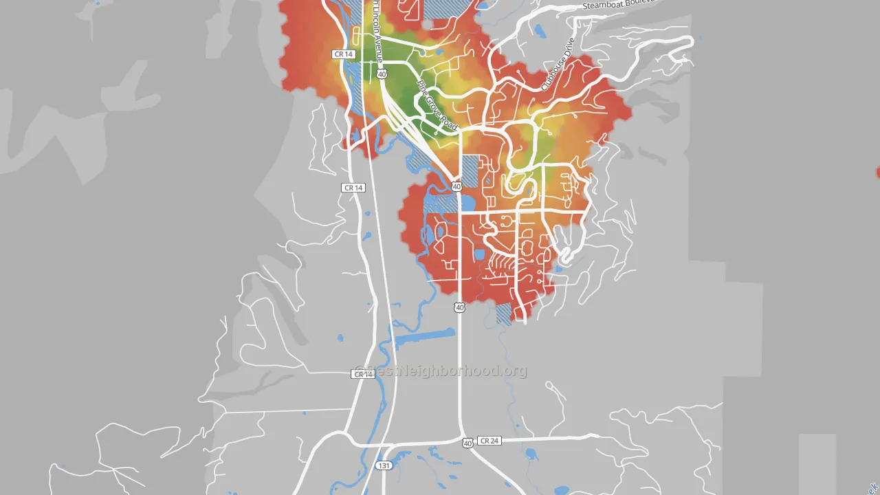 Walk Grade map of 80488, CO, walkable areas in green and car-dependent areas in red