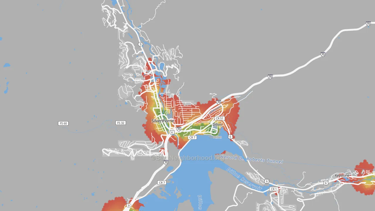 Walk Grade map of 80497, CO, walkable areas in green and car-dependent areas in red