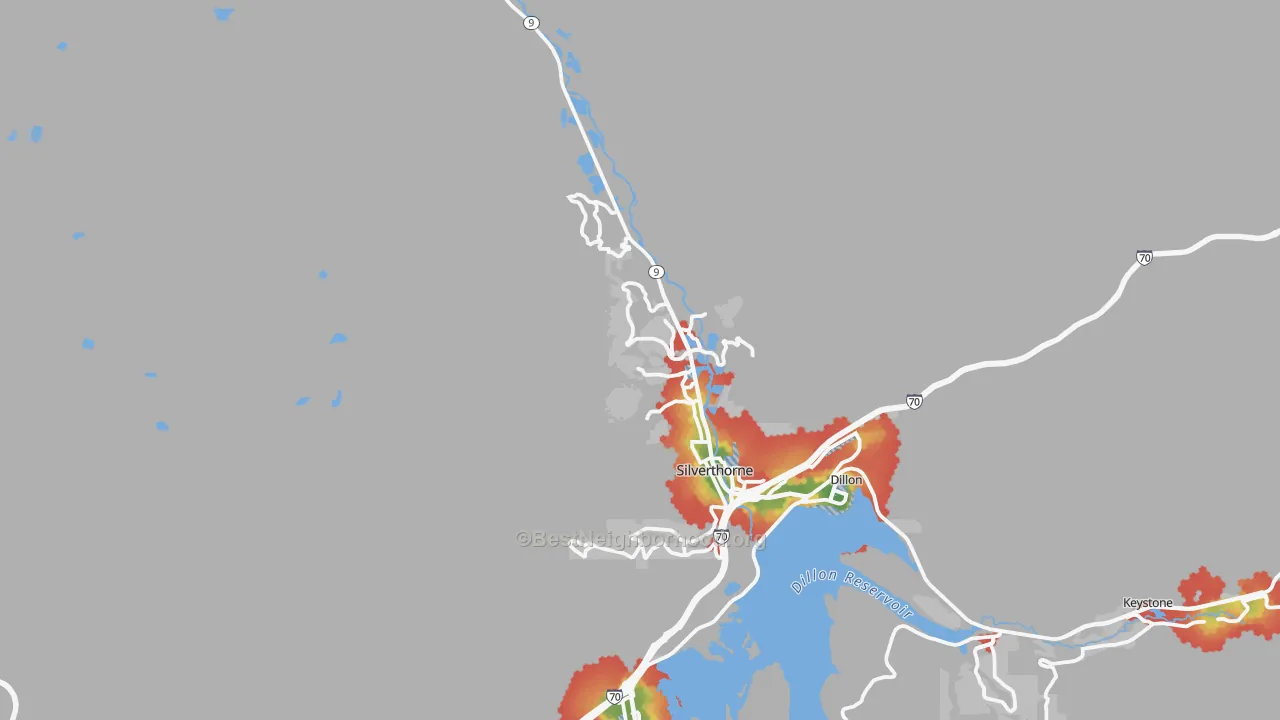 Walk Grade map of 80498, CO, walkable areas in green and car-dependent areas in red