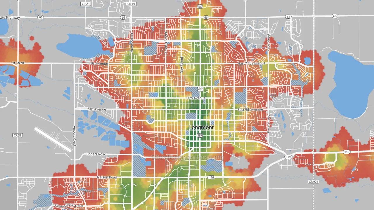 Walk Grade map of 80501, CO, walkable areas in green and car-dependent areas in red