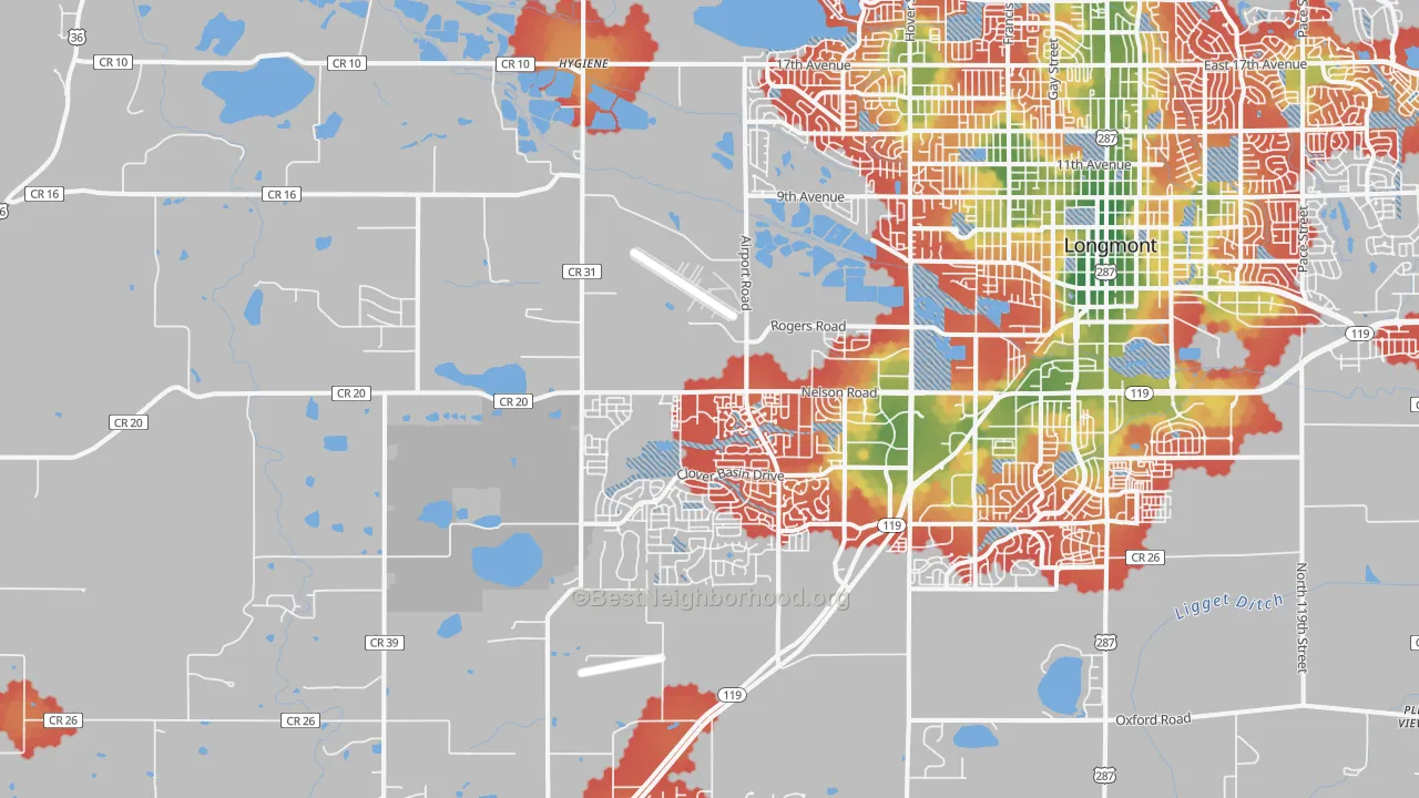Walk Grade map of 80503, CO, walkable areas in green and car-dependent areas in red
