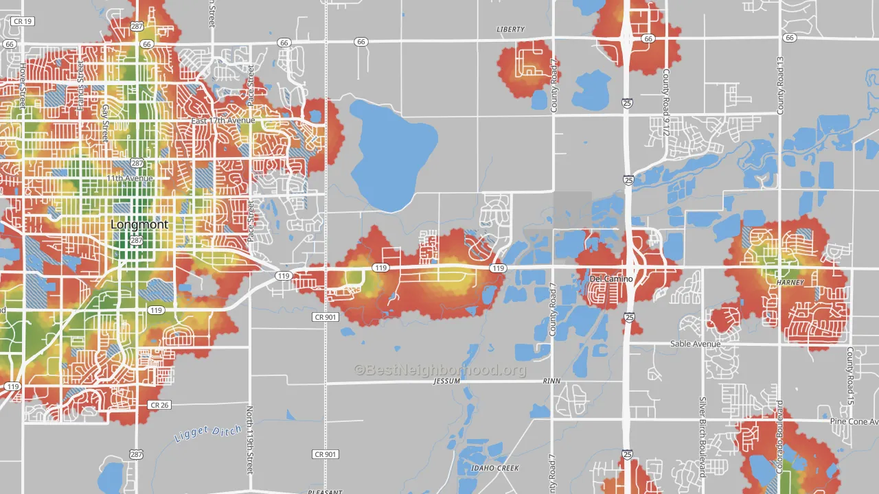 Walk Grade map of 80504, CO, walkable areas in green and car-dependent areas in red