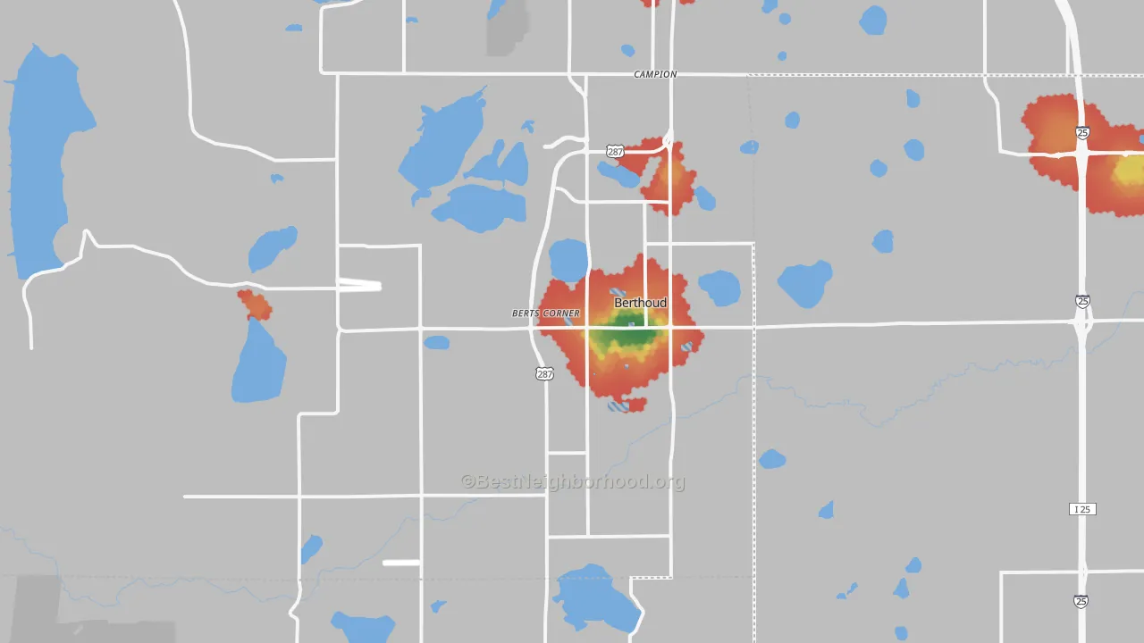 Walk Grade map of 80513, CO, walkable areas in green and car-dependent areas in red