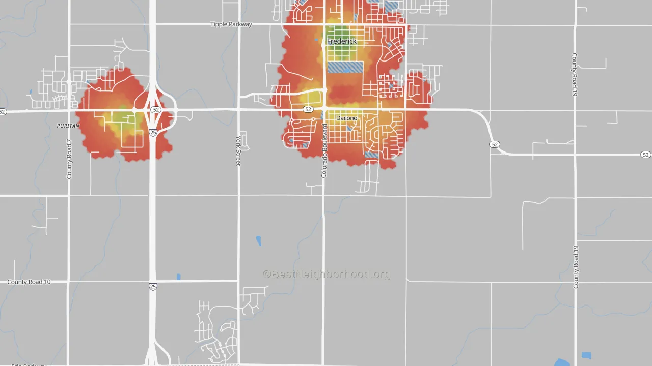Walk Grade map of 80514, CO, walkable areas in green and car-dependent areas in red