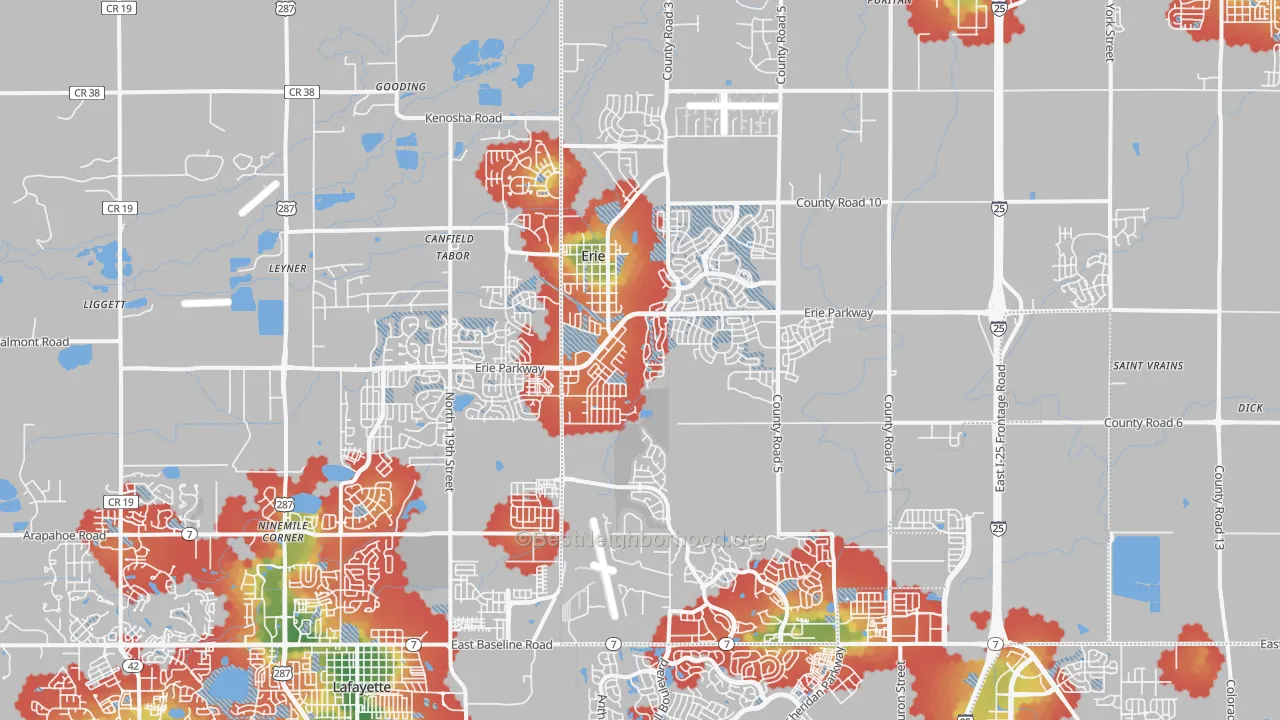 Walk Grade map of 80516, CO, walkable areas in green and car-dependent areas in red