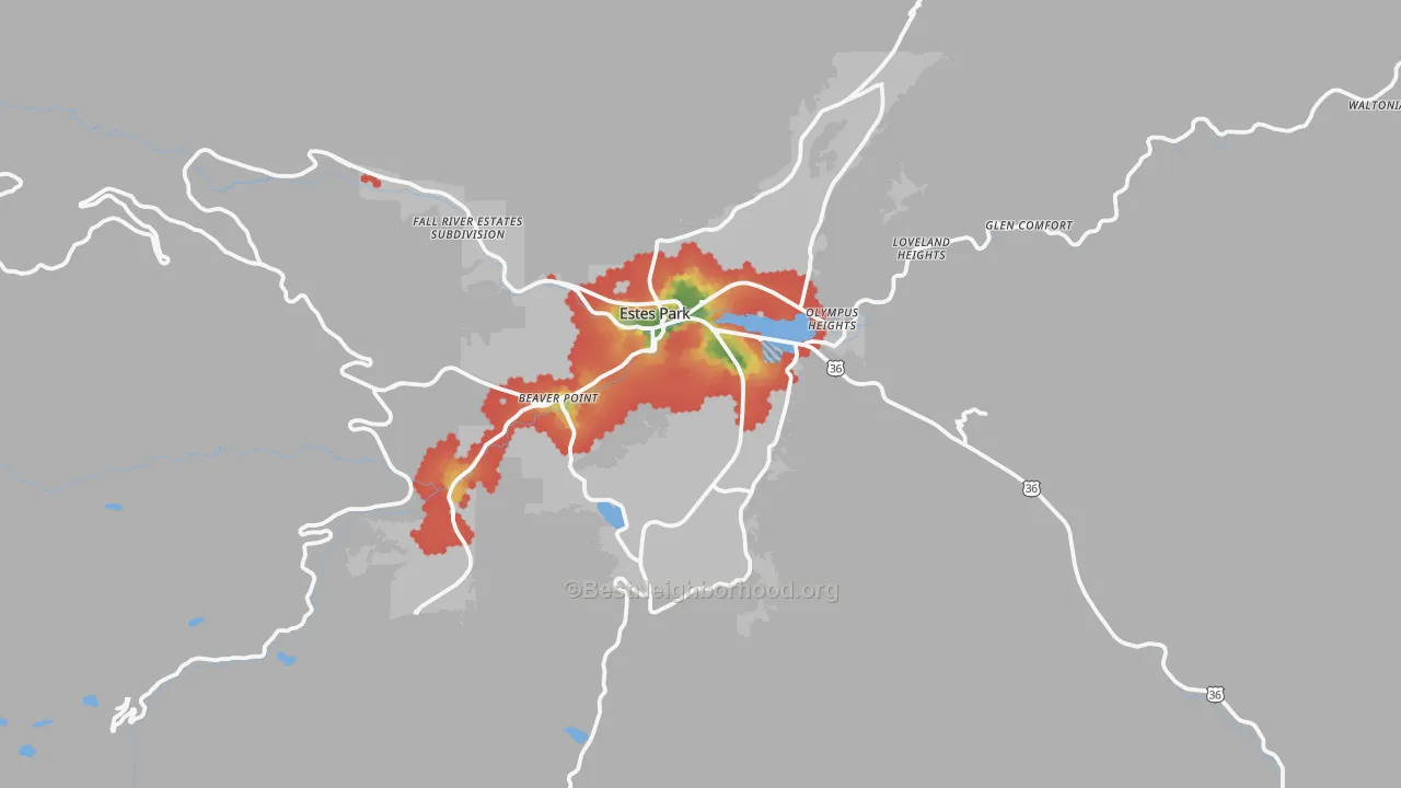 Walk Grade map of 80517, CO, walkable areas in green and car-dependent areas in red