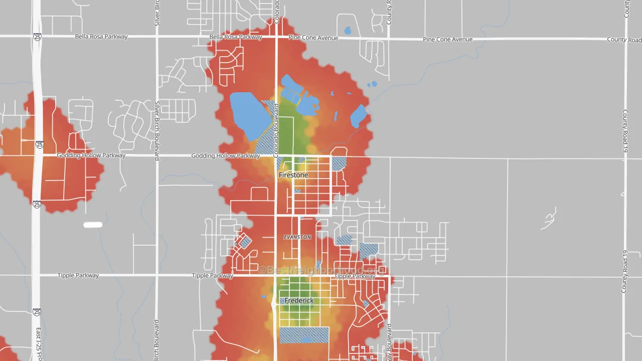 Walk Grade map of 80520, CO, walkable areas in green and car-dependent areas in red