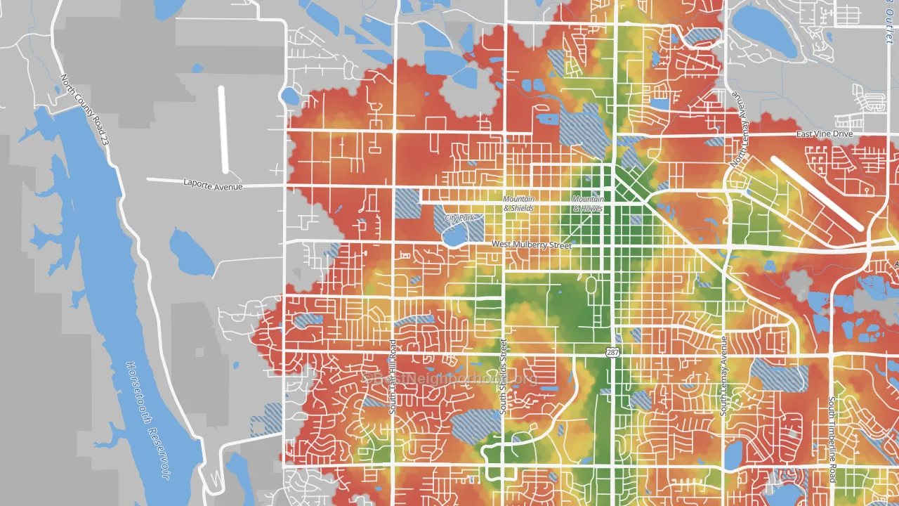 Walk Grade map of 80521, CO, walkable areas in green and car-dependent areas in red