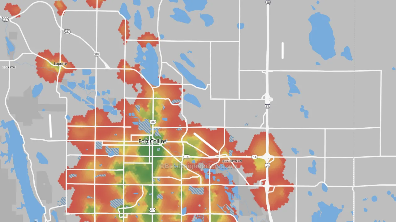 Walk Grade map of 80524, CO, walkable areas in green and car-dependent areas in red