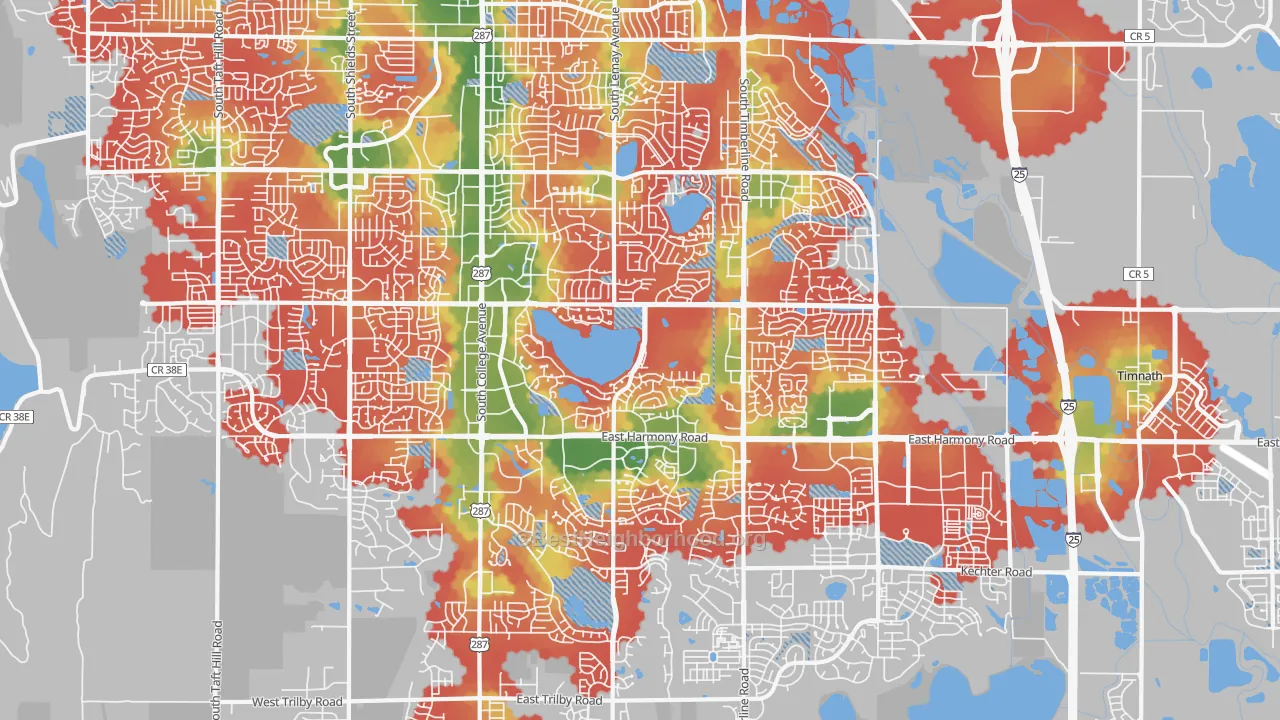 Walk Grade map of 80525, CO, walkable areas in green and car-dependent areas in red