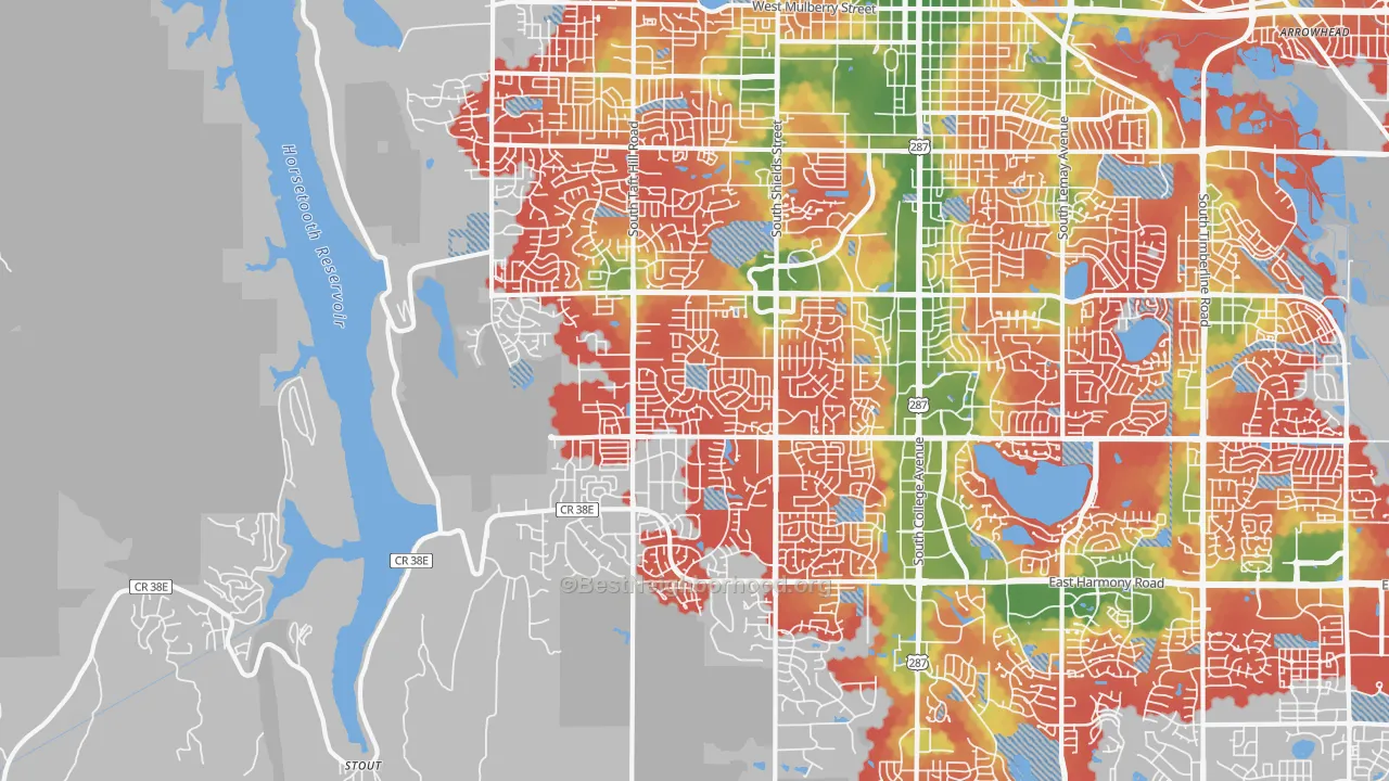 Walk Grade map of 80526, CO, walkable areas in green and car-dependent areas in red
