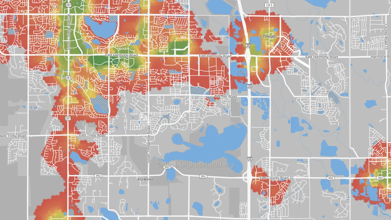 Walk Grade map of 80528, CO, walkable areas in green and car-dependent areas in red
