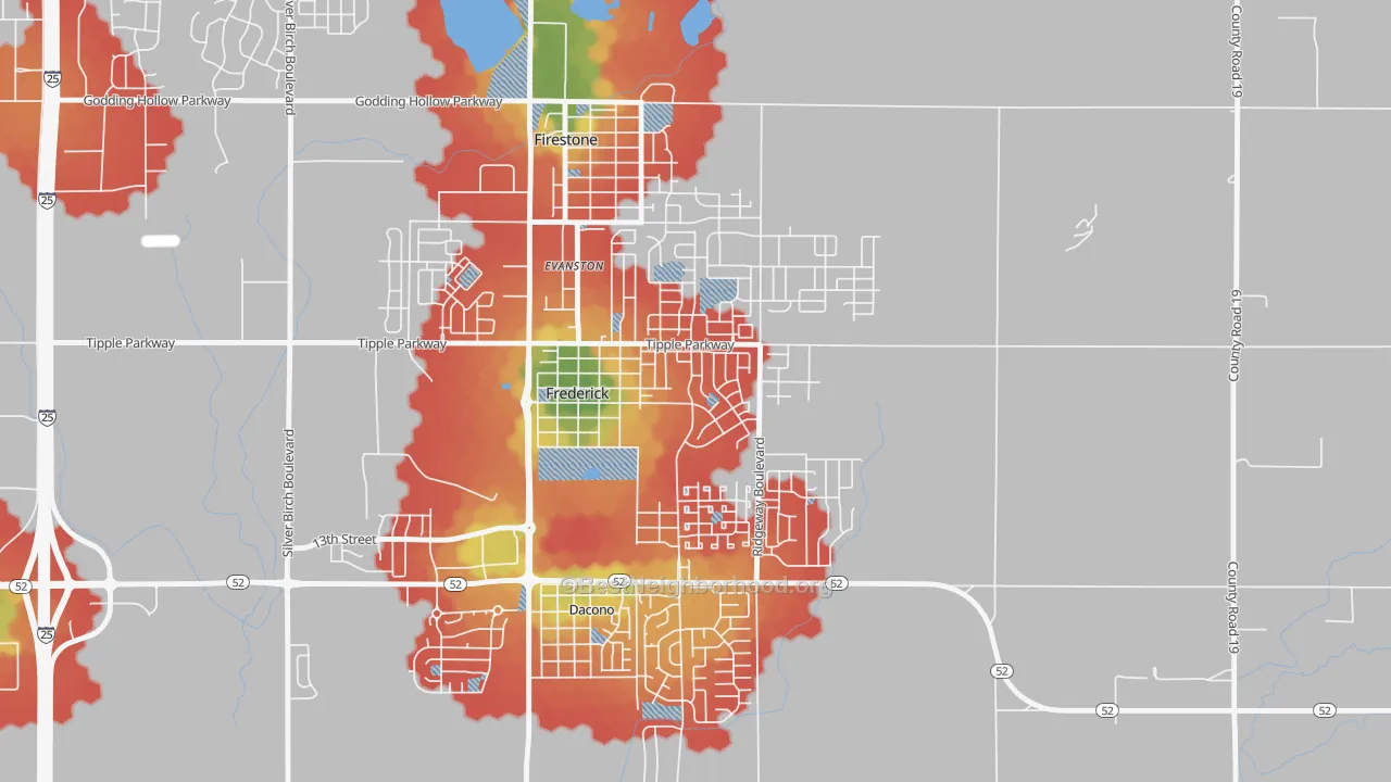 Walk Grade map of 80530, CO, walkable areas in green and car-dependent areas in red