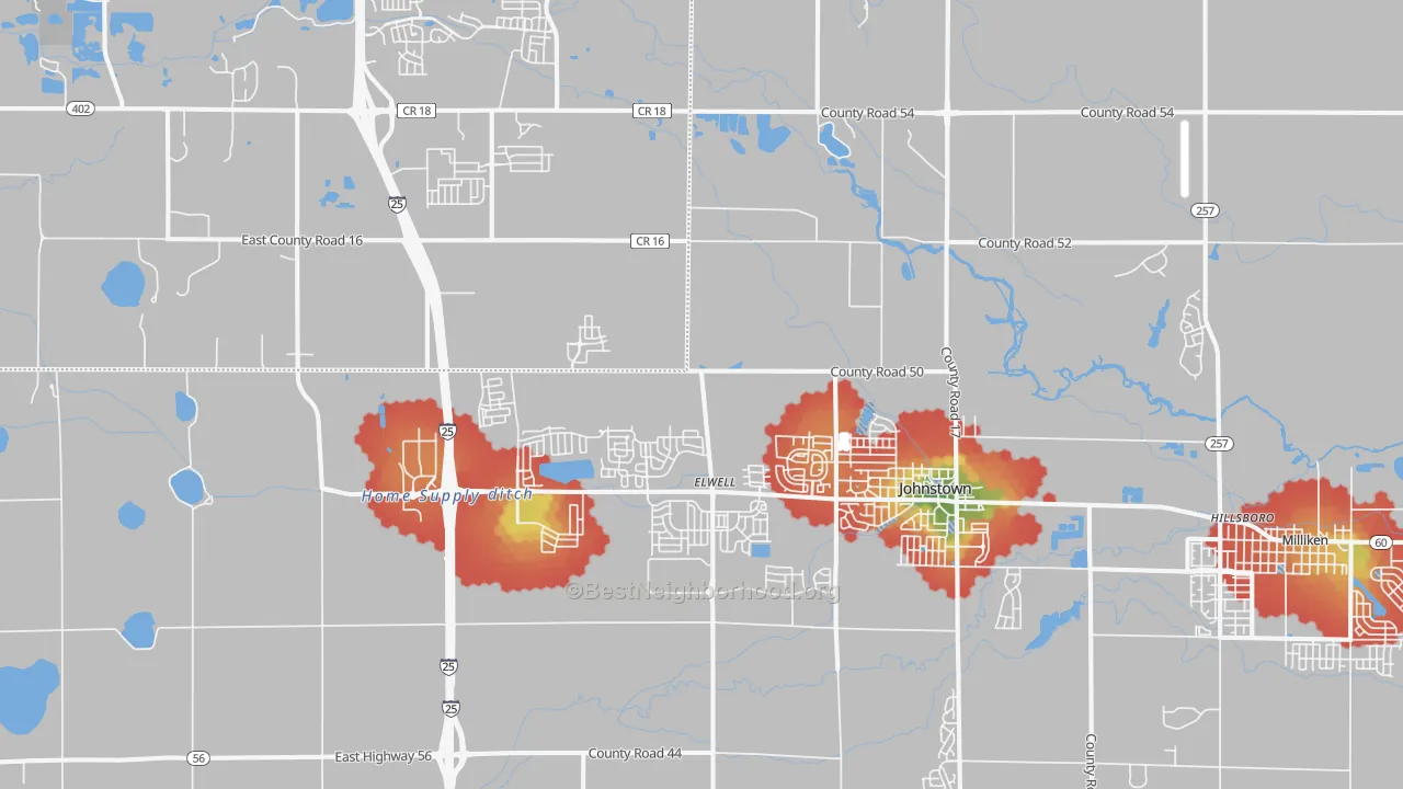 Walk Grade map of 80534, CO, walkable areas in green and car-dependent areas in red