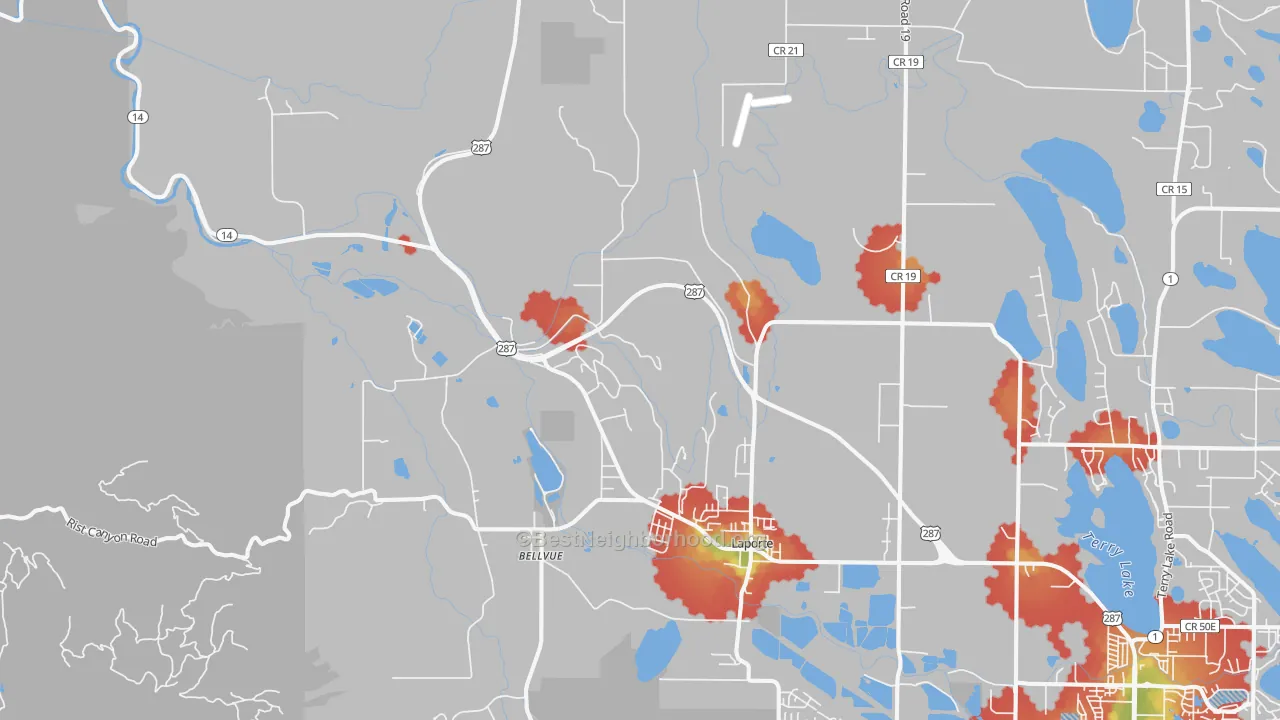 Walk Grade map of 80535, CO, walkable areas in green and car-dependent areas in red