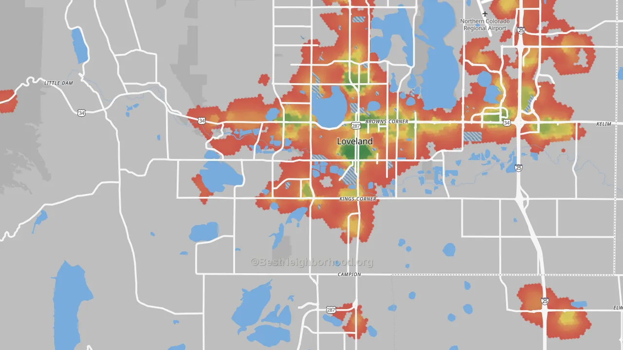 Walk Grade map of 80537, CO, walkable areas in green and car-dependent areas in red