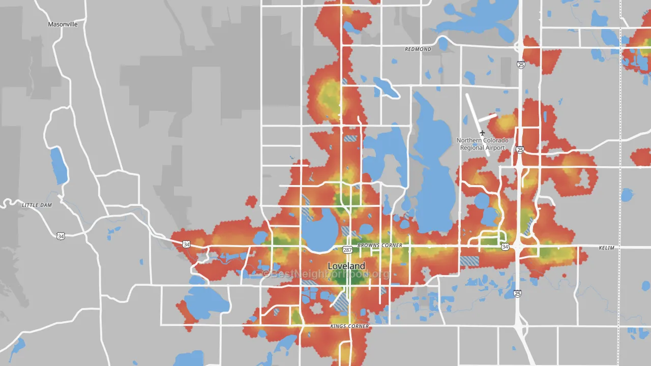 Walk Grade map of 80538, CO, walkable areas in green and car-dependent areas in red