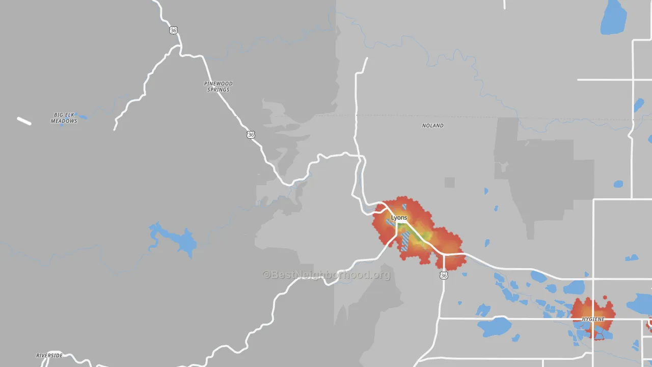 Walk Grade map of 80540, CO, walkable areas in green and car-dependent areas in red