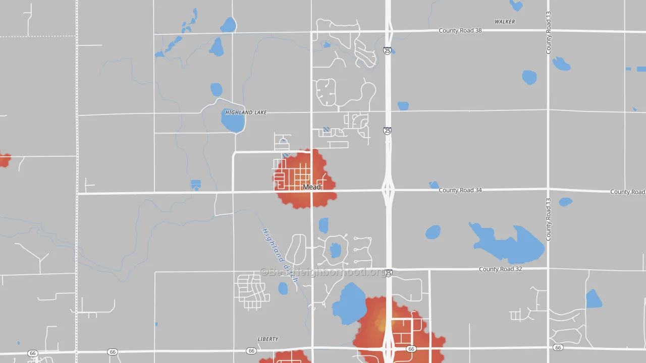 Walk Grade map of 80542, CO, walkable areas in green and car-dependent areas in red