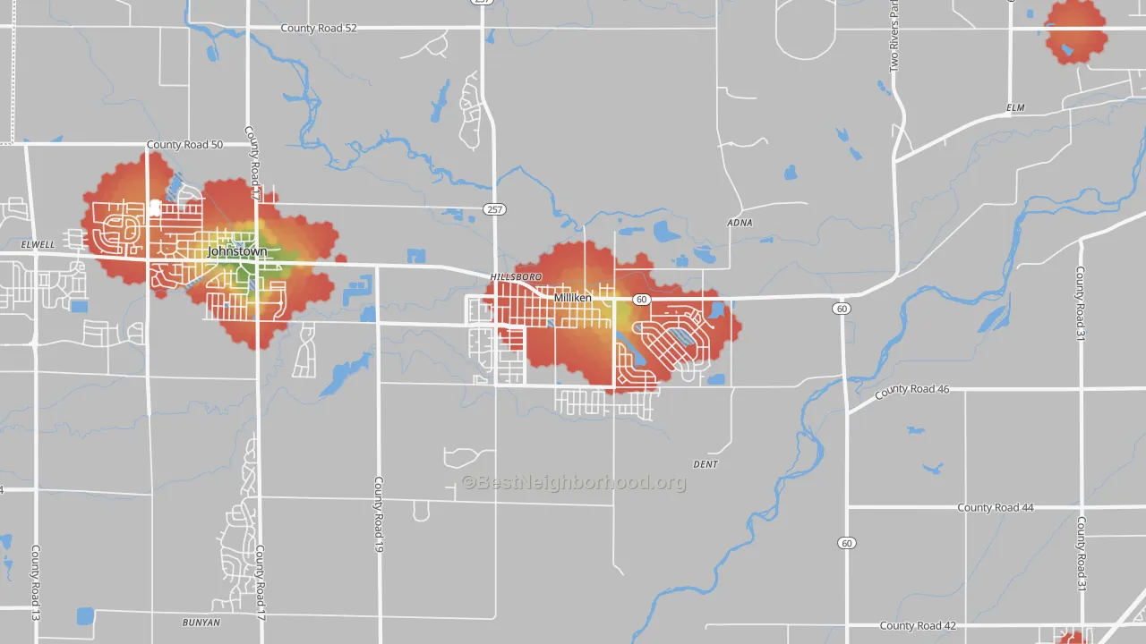Walk Grade map of 80543, CO, walkable areas in green and car-dependent areas in red