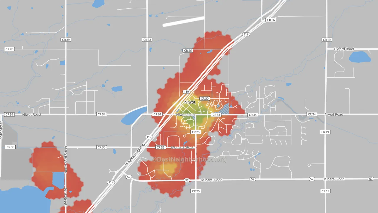 Walk Grade map of 80544, CO, walkable areas in green and car-dependent areas in red