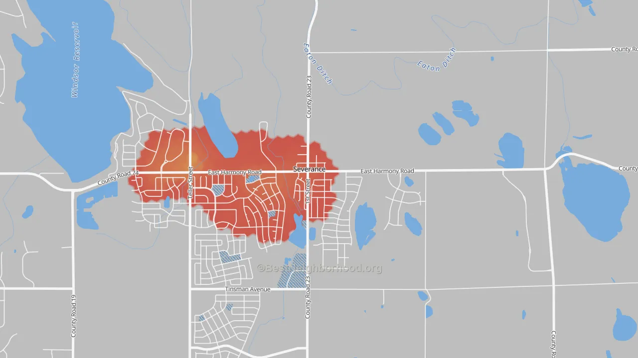Walk Grade map of 80546, CO, walkable areas in green and car-dependent areas in red