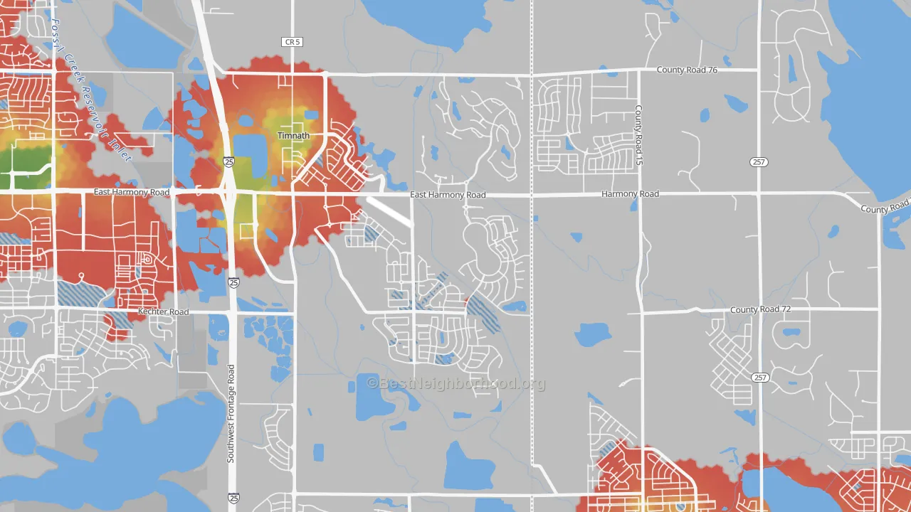 Walk Grade map of 80547, CO, walkable areas in green and car-dependent areas in red