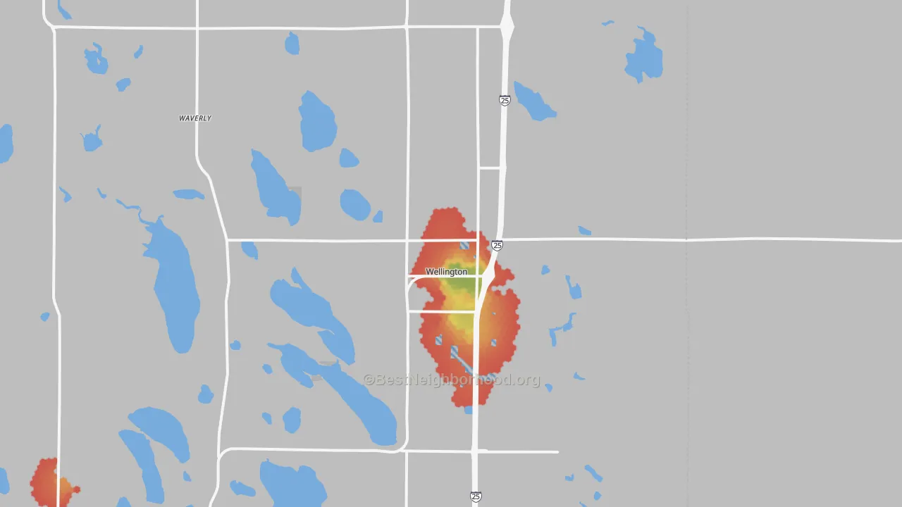 Walk Grade map of 80549, CO, walkable areas in green and car-dependent areas in red