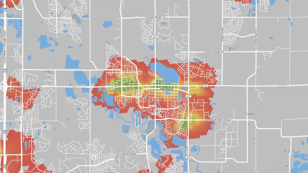Walk Grade map of 80550, CO, walkable areas in green and car-dependent areas in red