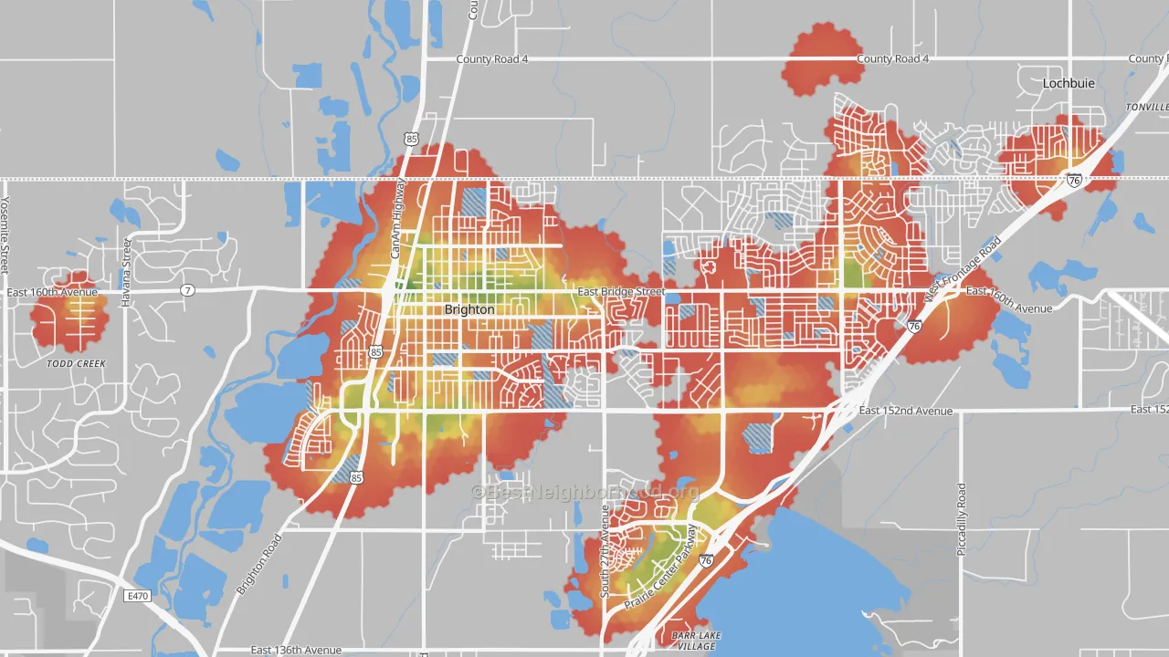 Walk Grade map of 80601, CO, walkable areas in green and car-dependent areas in red