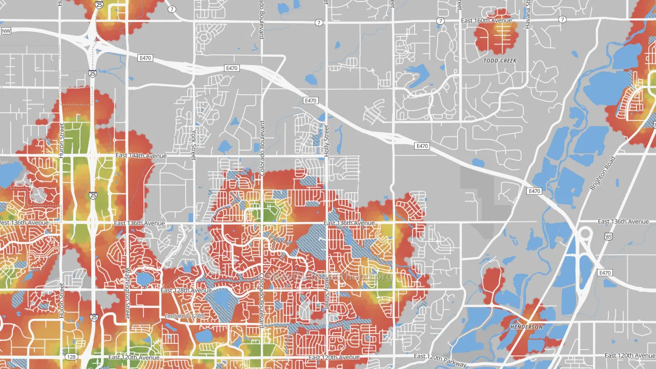 Walk Grade map of 80602, CO, walkable areas in green and car-dependent areas in red