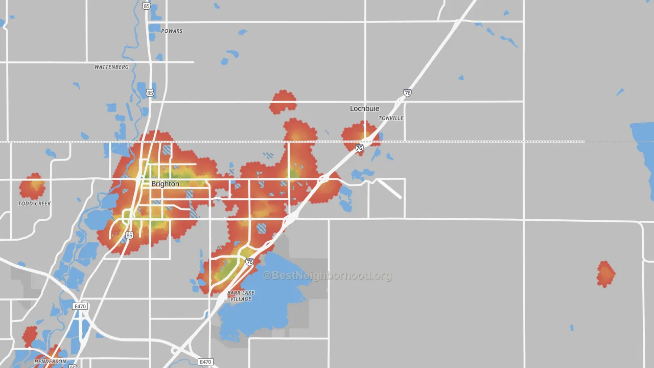 Walk Grade map of 80603, CO, walkable areas in green and car-dependent areas in red