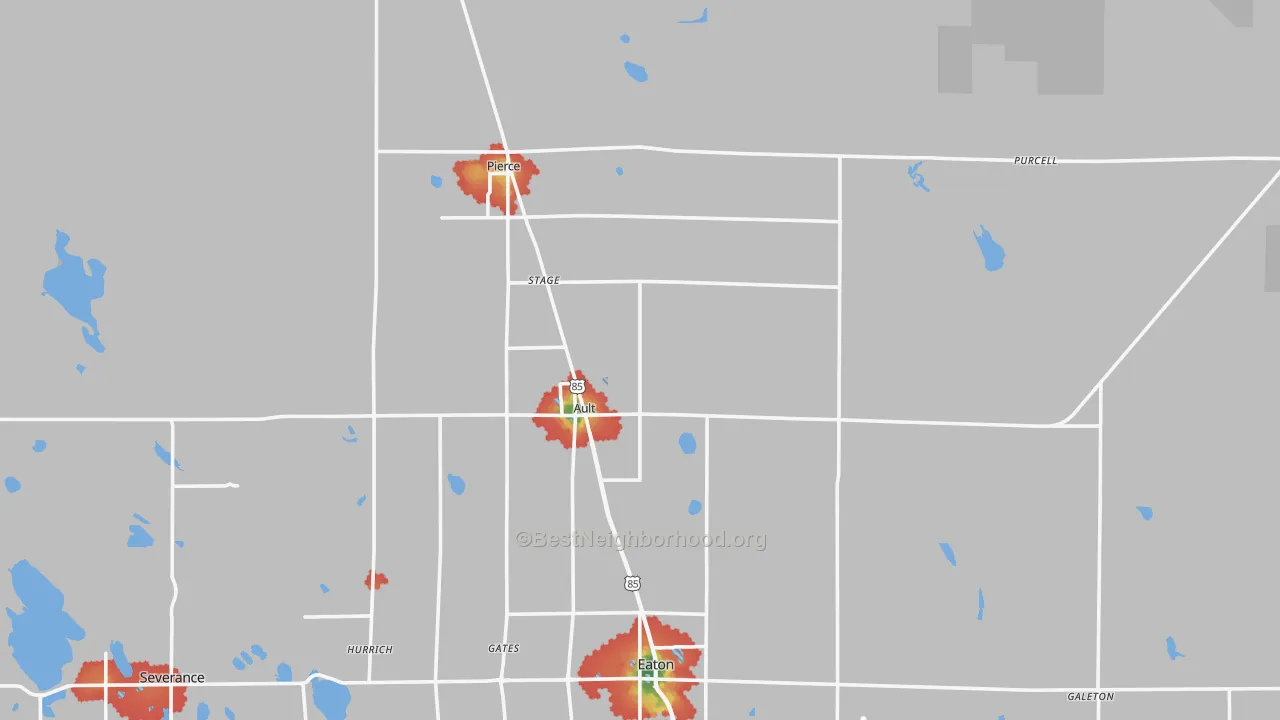 Walk Grade map of 80610, CO, walkable areas in green and car-dependent areas in red