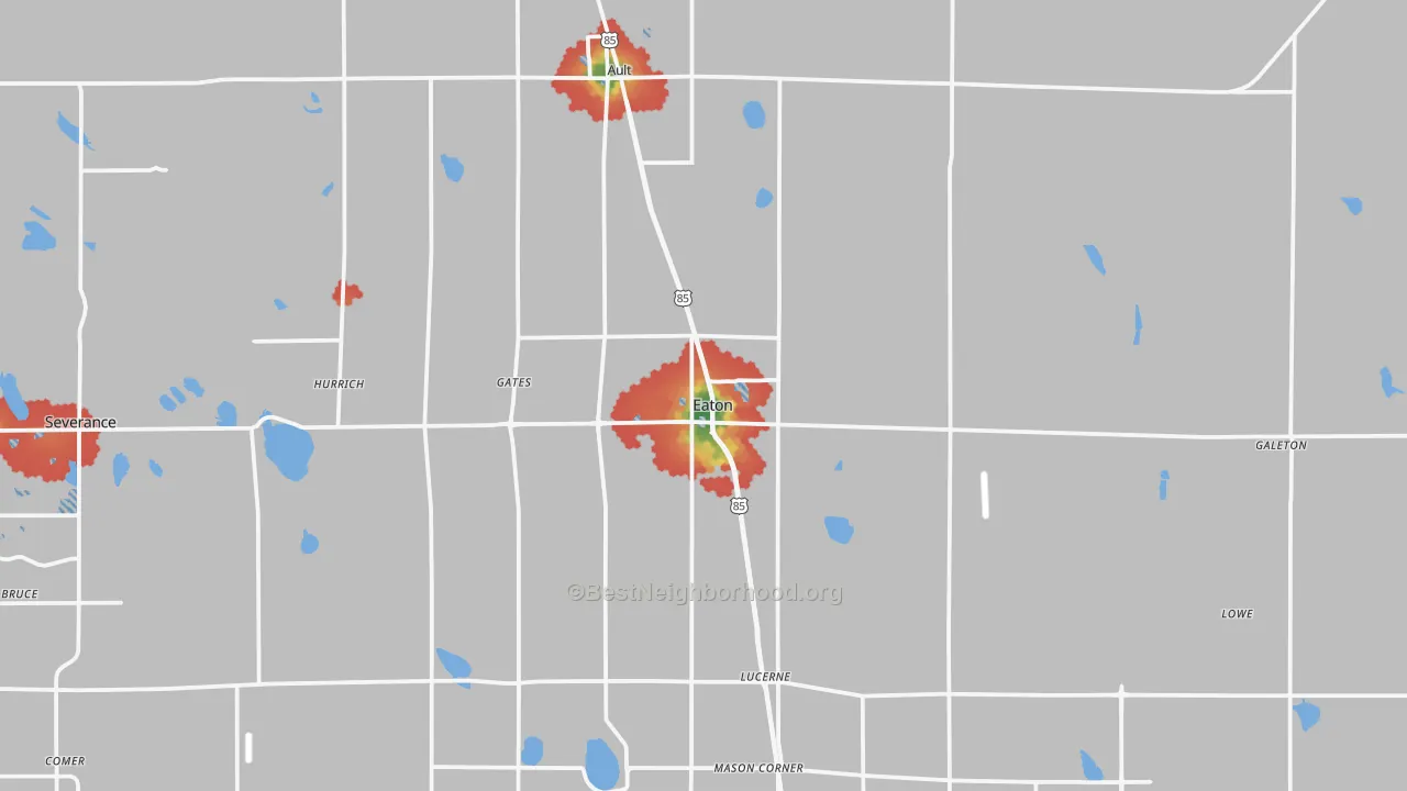 Walk Grade map of 80615, CO, walkable areas in green and car-dependent areas in red