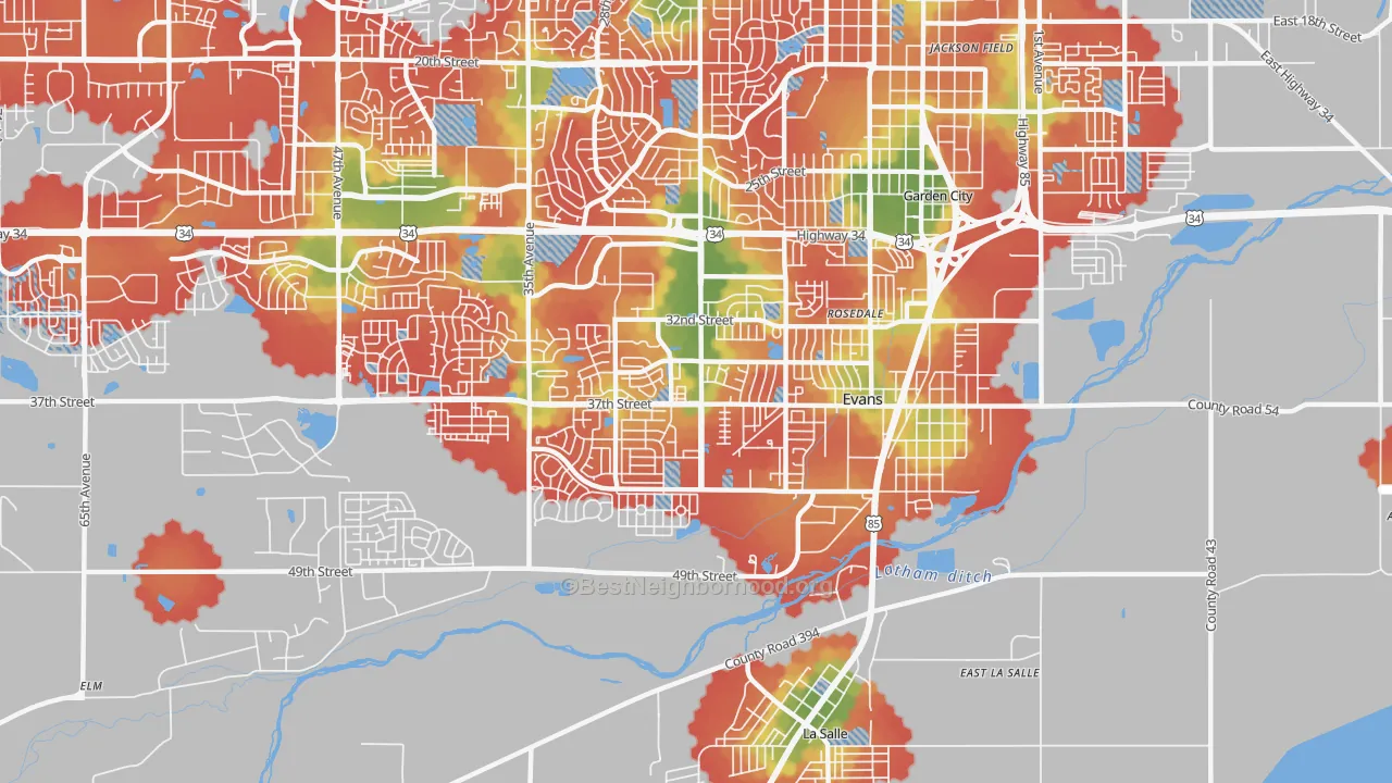 Walk Grade map of 80620, CO, walkable areas in green and car-dependent areas in red