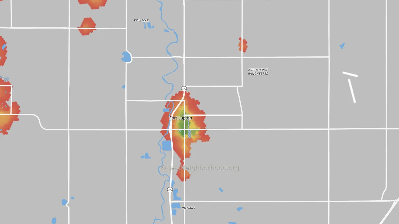 Walk Grade map of 80621, CO, walkable areas in green and car-dependent areas in red
