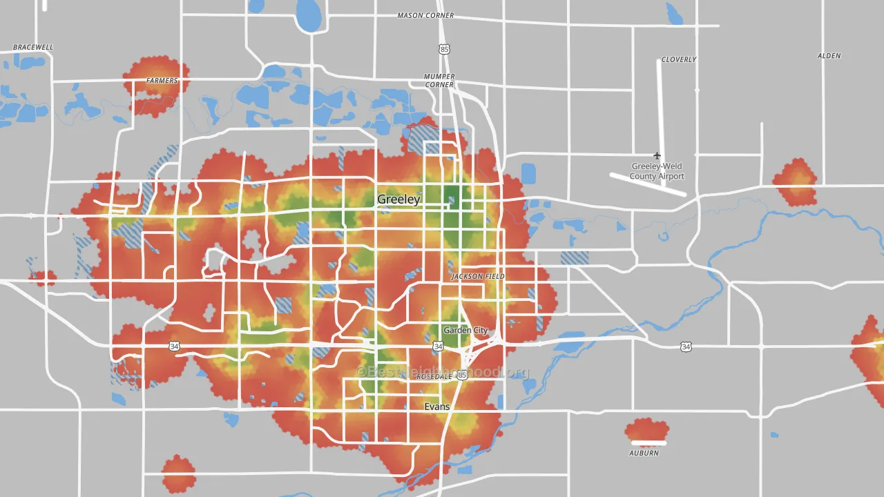 Walk Grade map of 80631, CO, walkable areas in green and car-dependent areas in red
