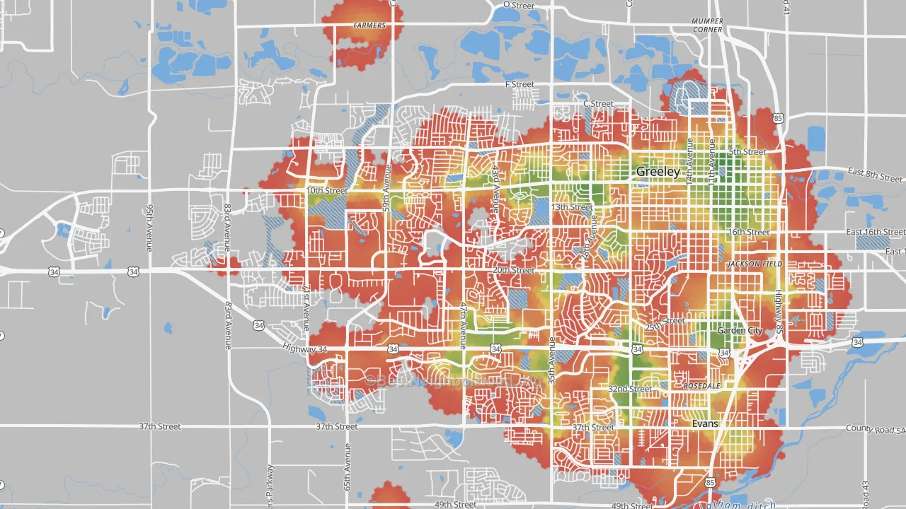 Walk Grade map of 80634, CO, walkable areas in green and car-dependent areas in red