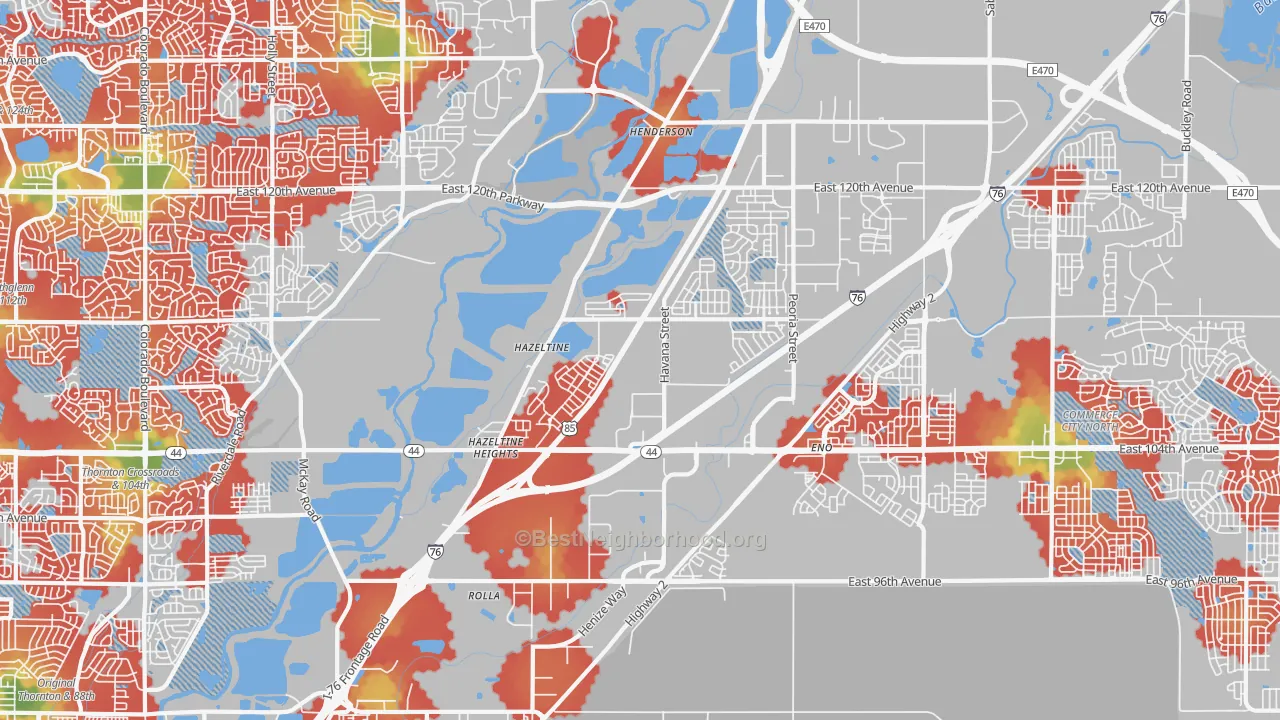 Walk Grade map of 80640, CO, walkable areas in green and car-dependent areas in red