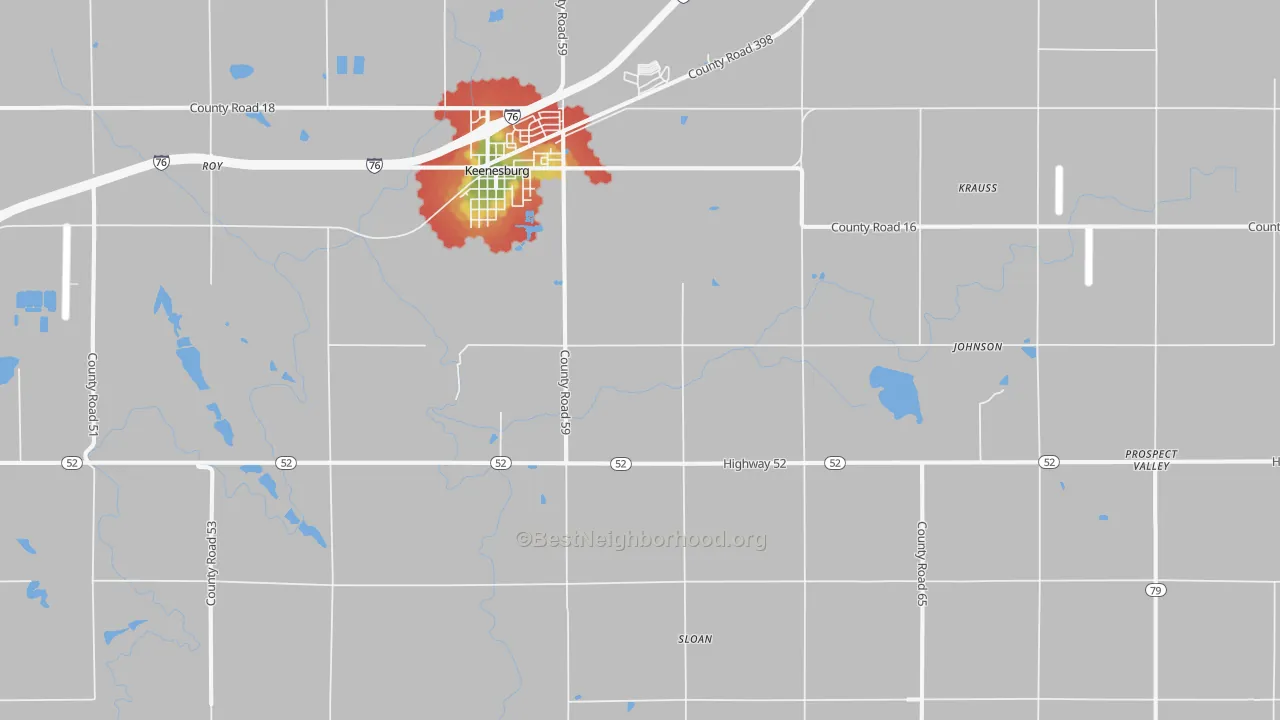 Walk Grade map of 80643, CO, walkable areas in green and car-dependent areas in red
