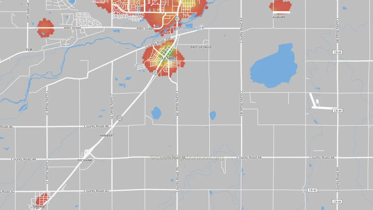 Walk Grade map of 80645, CO, walkable areas in green and car-dependent areas in red