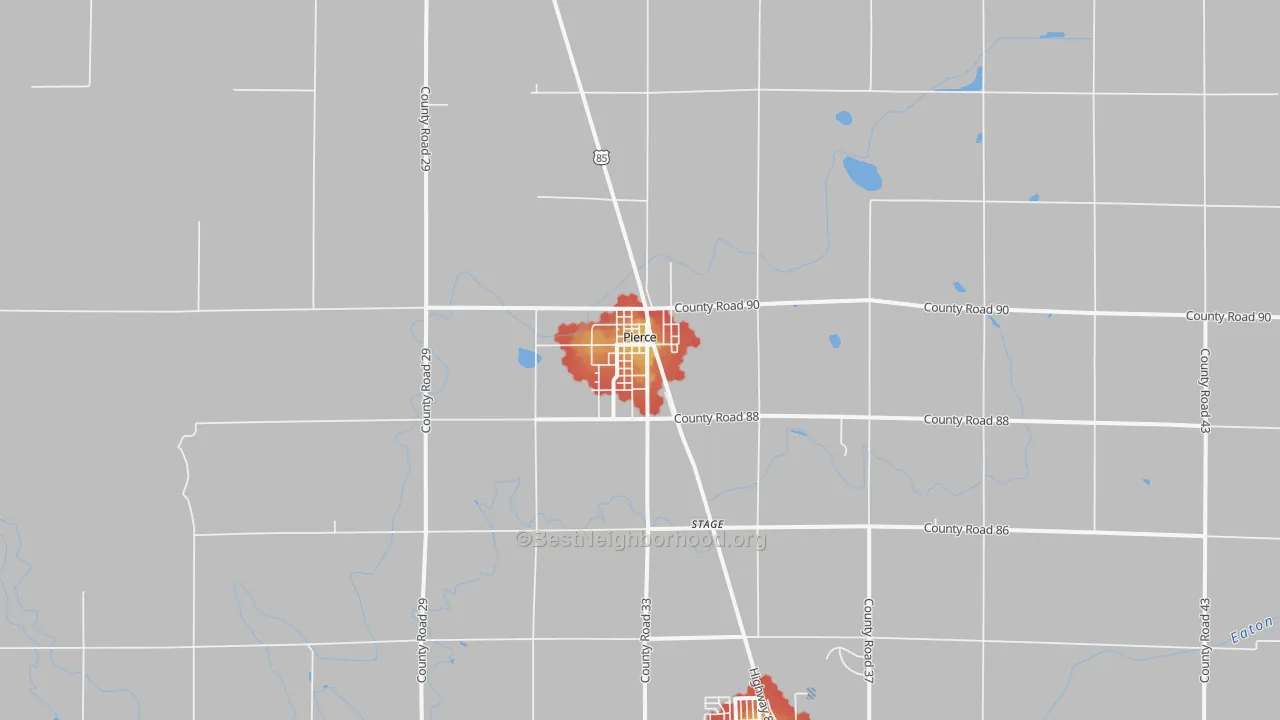 Walk Grade map of 80650, CO, walkable areas in green and car-dependent areas in red