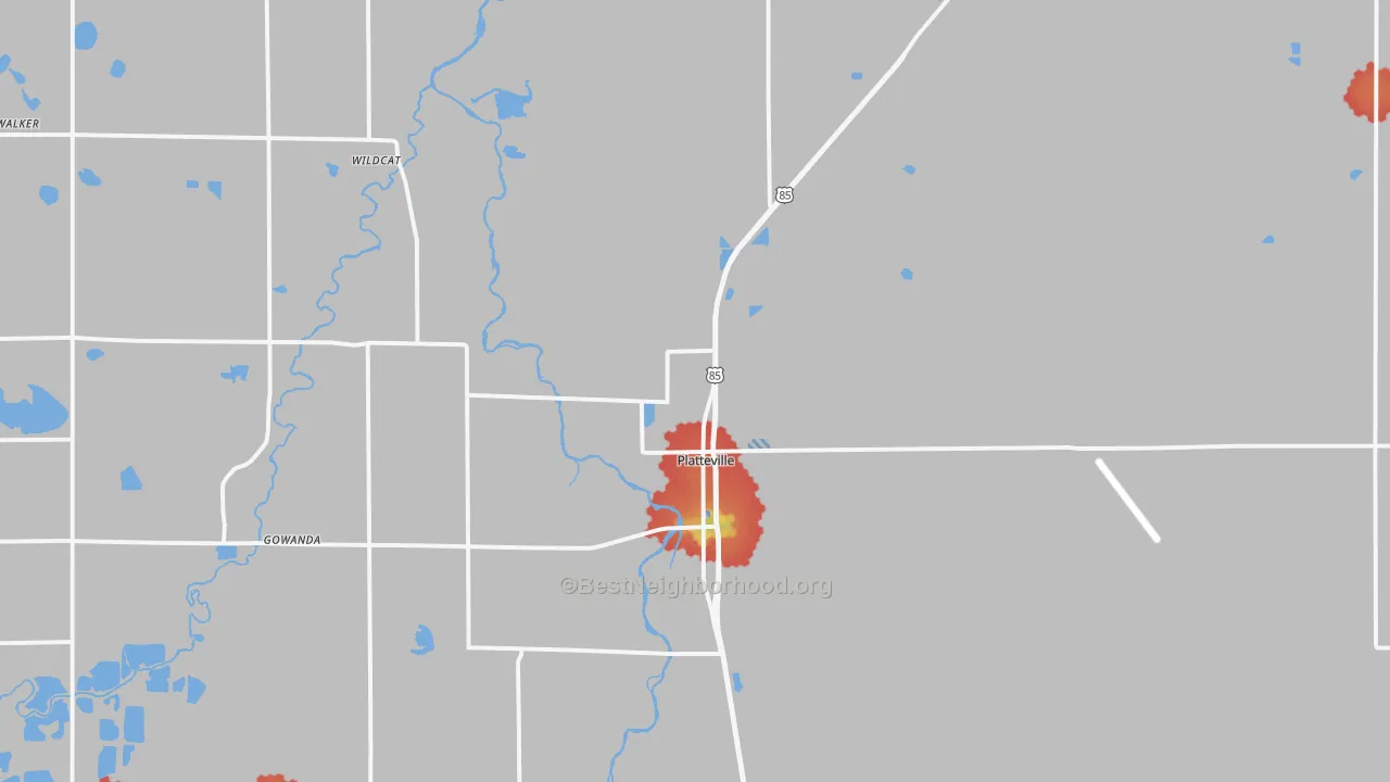 Walk Grade map of 80651, CO, walkable areas in green and car-dependent areas in red