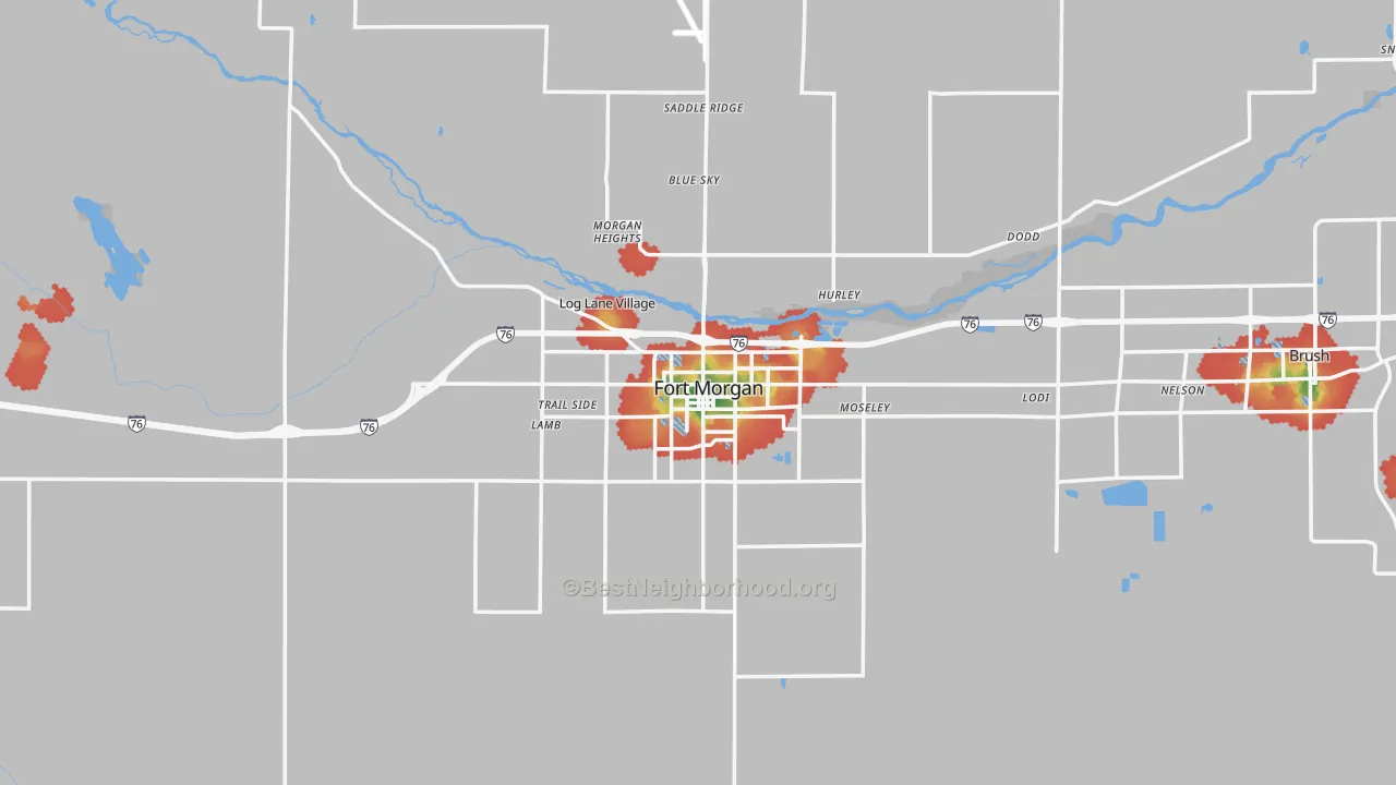 Walk Grade map of 80701, CO, walkable areas in green and car-dependent areas in red